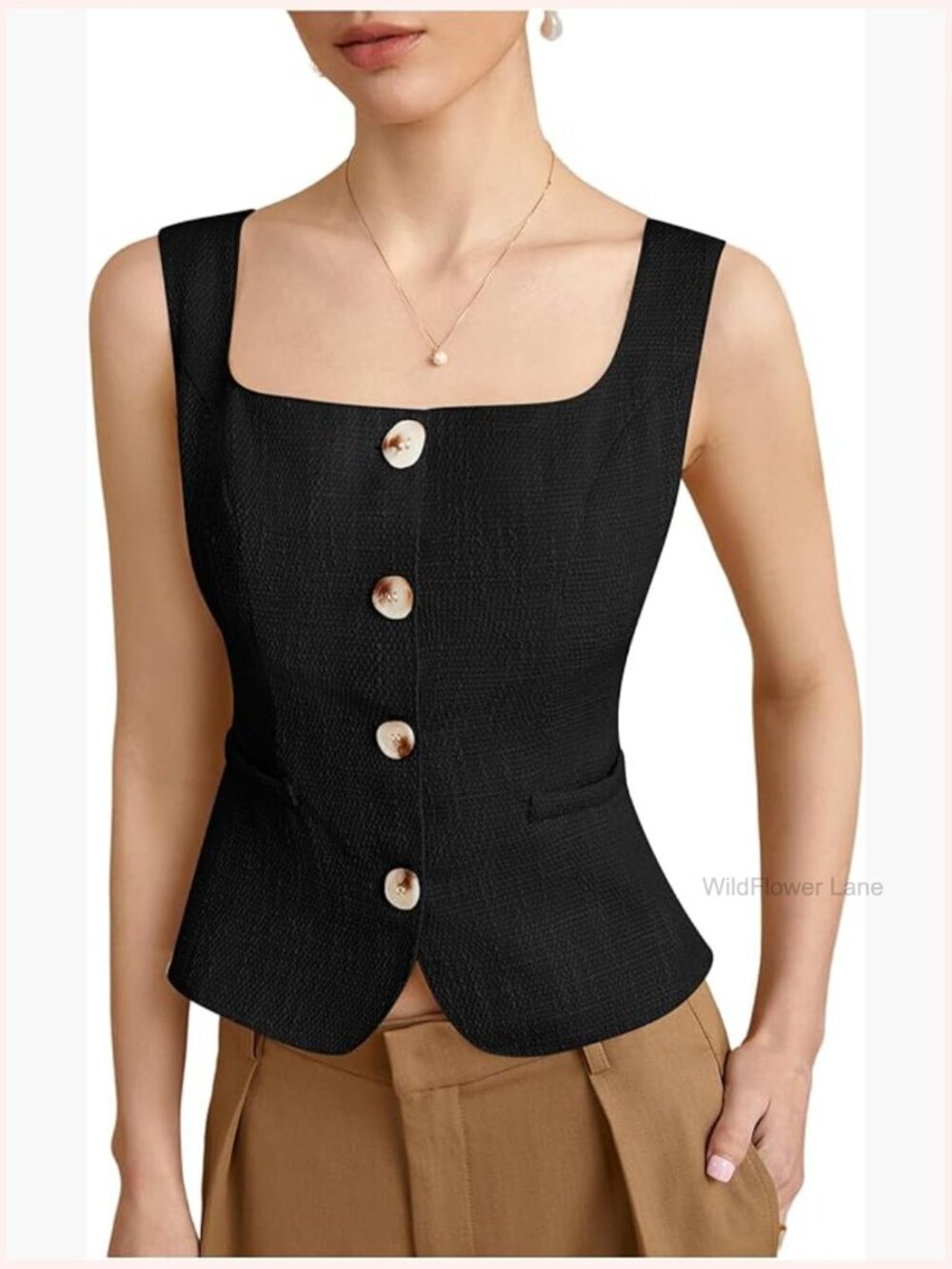 Vest, Sleeveless Blouse, Square Neck, Button Front, Business Casual Work Top
